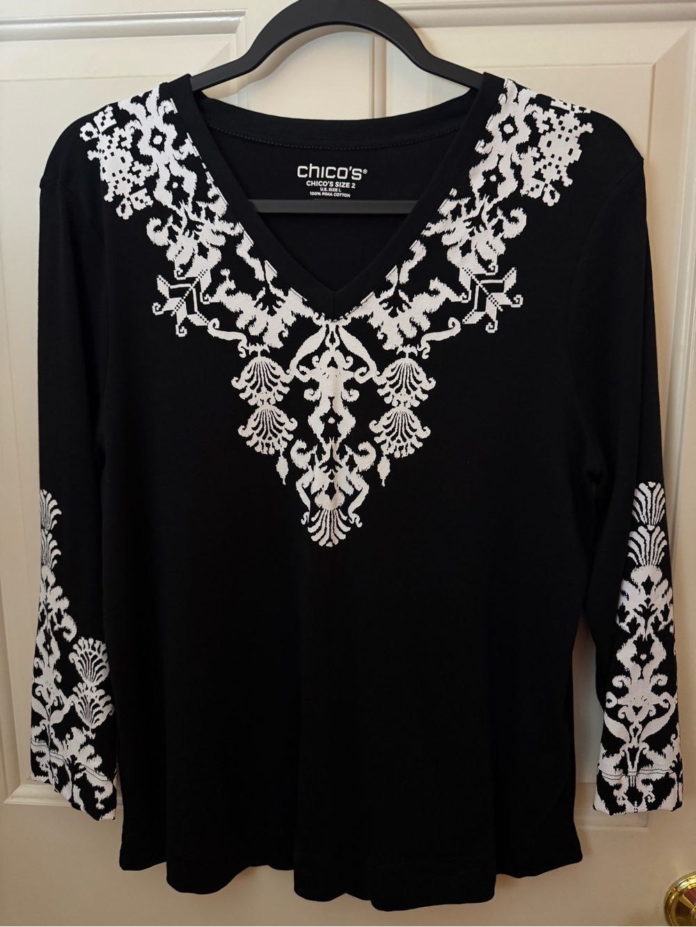Chico's Top Black Ikat 100% Pima Cotton 3/4 Sleeve Everyday Tee Chico’s Size 2 - Picture 5 of 11